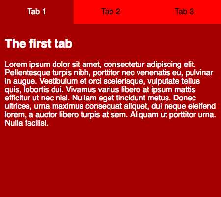 Drei-Tab-Oberfläche mit Tab 1 ausgewählt und nur dessen Inhalt wird angezeigt. Der Inhalt anderer Tabs ist verborgen. Wenn ein Tab ausgewählt wird, wechselt seine Textfarbe von schwarz zu weiß und die Hintergrundfarbe von rot-orange zu sattelbraun.
