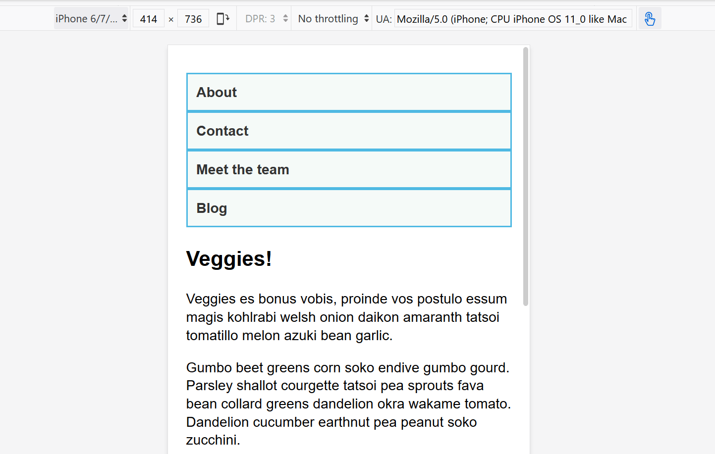 Una captura de pantalla de un diseño en una vista móvil en Firefox DevTools.