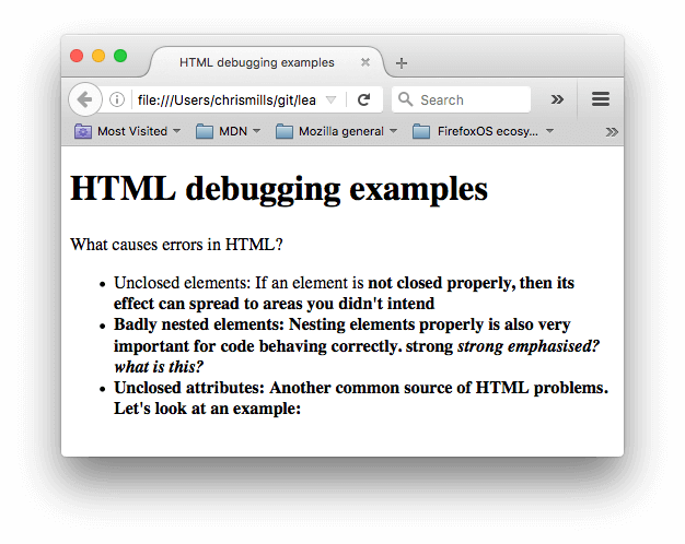Ein einfaches HTML-Dokument mit dem Titel HTML-Debugging-Beispiele und einigen Informationen über häufigen HTML-Fehler wie ungeschlossene Elemente, schlecht verschachtelte Elemente und ungeschlossene Attribute.