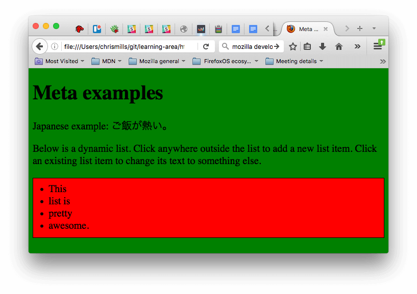 Beispielseite mit angewendetem CSS und JavaScript. Das CSS hat die Seite grün gemacht, während das JavaScript eine dynamische Liste zur Seite hinzugefügt hat.