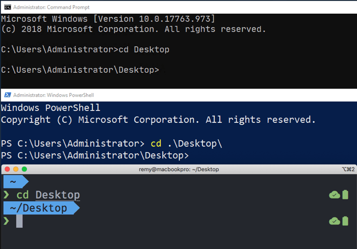 Ergebnisse des Ausführens des cd Desktop-Befehls in einer Vielzahl von Windows-Terminals - der Terminal-Standort wechselt auf den Desktop