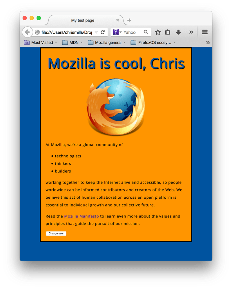 Endgültiges Aussehen der HTML-Seite nach Erstellung der Elemente: eine Überschrift, großes zentriertes Logo, Inhalt und eine Schaltfläche