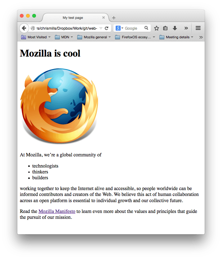 Ein Screenshot einer Webseite, der ein Firefox-Logo zeigt, eine Überschrift mit der Aufschrift "Mozilla ist cool", und zwei Absätze mit Beispieltext
