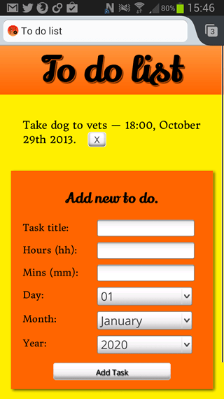 Ein Screenshot der Beispielanwendung. Ein roter Haupttitel mit der Aufschrift "To-do App", ein Test-To-do-Element und ein rotes Formular, in dem Benutzer neue Aufgaben eingeben können