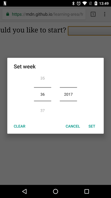 Ein modales Popup. Der Header lautet 'Woche setzen'. Es gibt zwei Spalten: links befindet sich 36 in der Mitte mit voller Deckkraft, 35 darüber und 37 darunter sind halbdeckend. Auf der rechten Seite ist 2017 vollständig deckend. Es gibt keine anderen Optionen. Drei Textlinks oder -schaltflächen unten umfassen 'löschen' auf der linken Seite und 'abbrechen' und 'setzen' auf der rechten Seite.