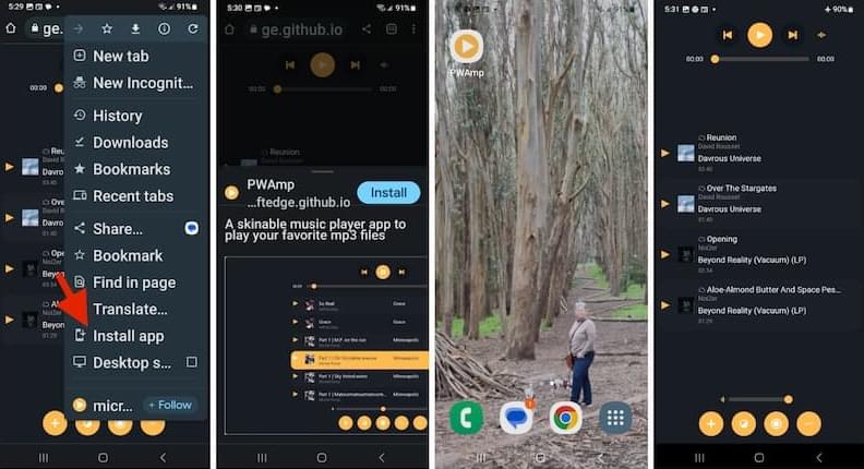 PWA Installation auf Chrome für Android, mit Bestätigung, Startbildschirmsymbol und Offline-Erfahrung.