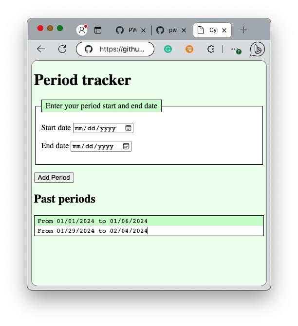 Hellgrüne Webseite mit großer Überschrift, einem Formular mit einer Legende, zwei Datumauswählern und einer Schaltfläche. Unten werden gefälschte Daten für zwei Menstruationszyklen und eine Überschrift angezeigt.