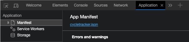 In den Entwicklertools enthält das linke Panel Links zum Manifest. Die rechte Seite zeigt das App-Manifest, mit dem Dateinamen als Link zur JSON-Datei.
